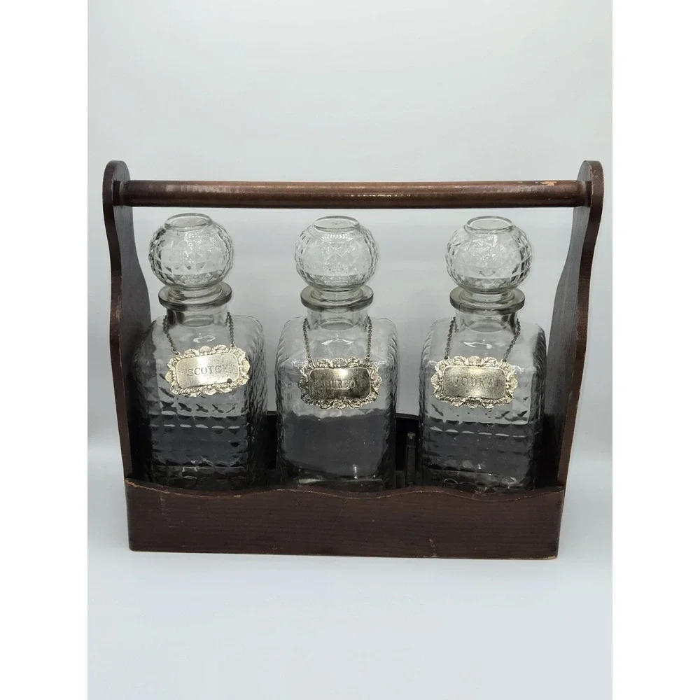 Mid Century Glass Liquor Decanter‎ Set Wood Caddy Scotch Bourbon Vodka 3 Bottle